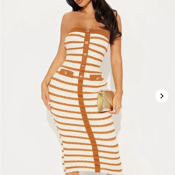 Fashion Nova Tan and White Button Midi Dress - Picture 1 of 1